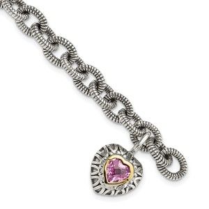 925 SS 14k Gold Antiqued Bezel Created Pink Sapphire Heart Bracelet 7.5" Len